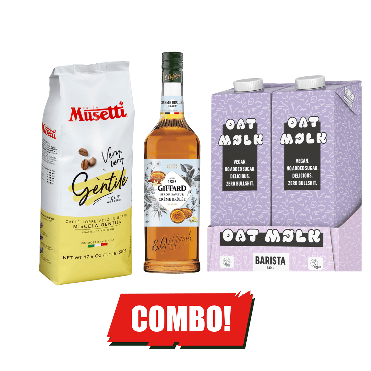 Pachet cafea, sirop creme brulee si bautura de ovaz , Moelk Barista, Giffard Creme Brulee si Musetti Gentil 500 grame